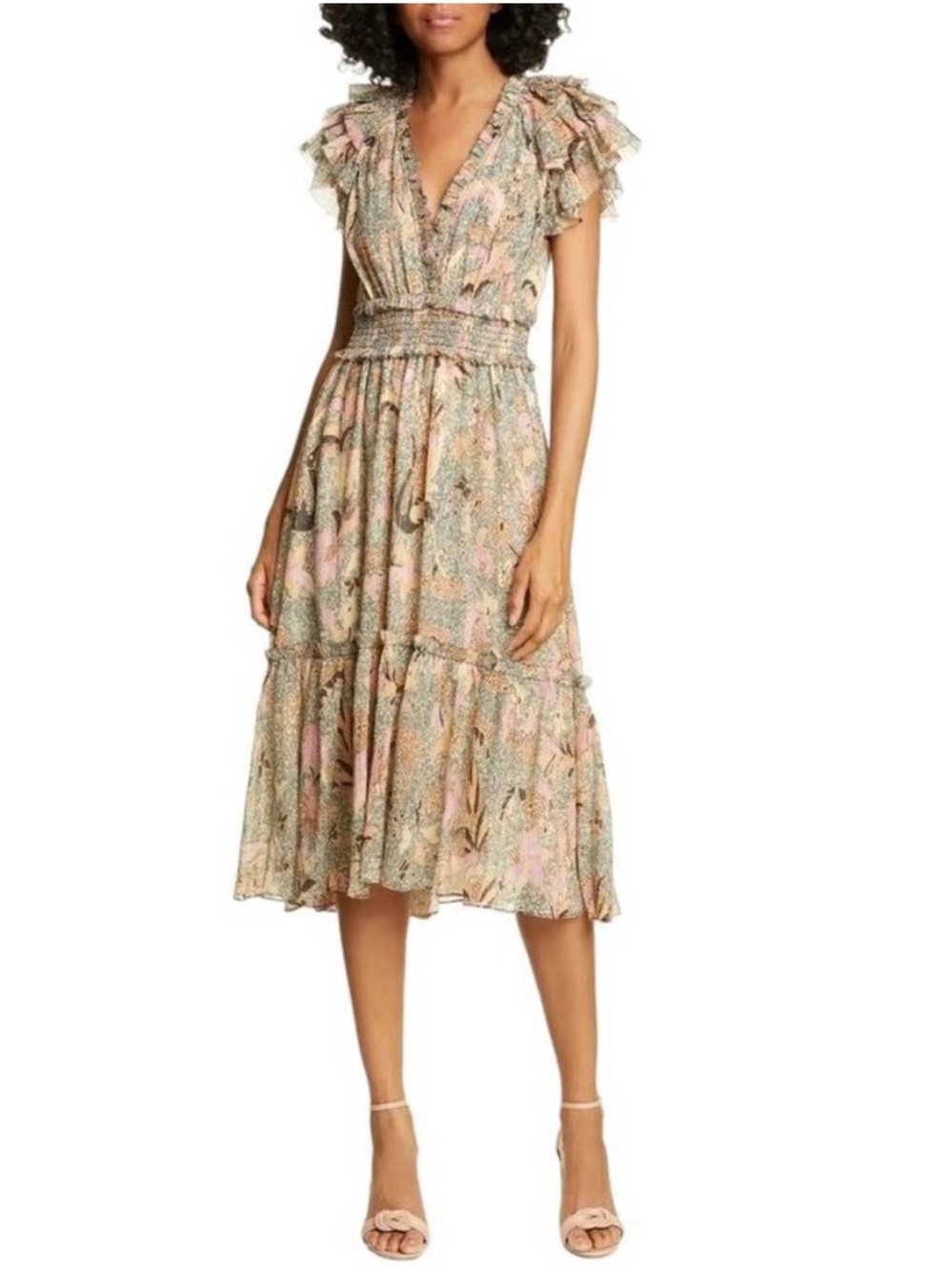Ulla Johnson Cicely Midi Dress Ivory Paisley Floral Size 2 Boho Bohemian Ruffle
